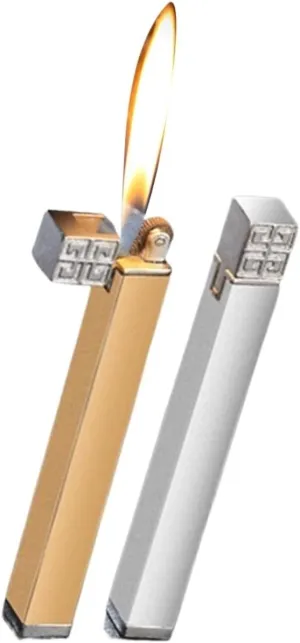 2pcs Soft Flame Cigar Lighter,Refillable Butane Lighter Wheel Flint Ignition Portable Slim Lighter Adjustable Flame,Birthday Gifts for Women Lady Wife (Without Gas) (Color : Gold Silver)