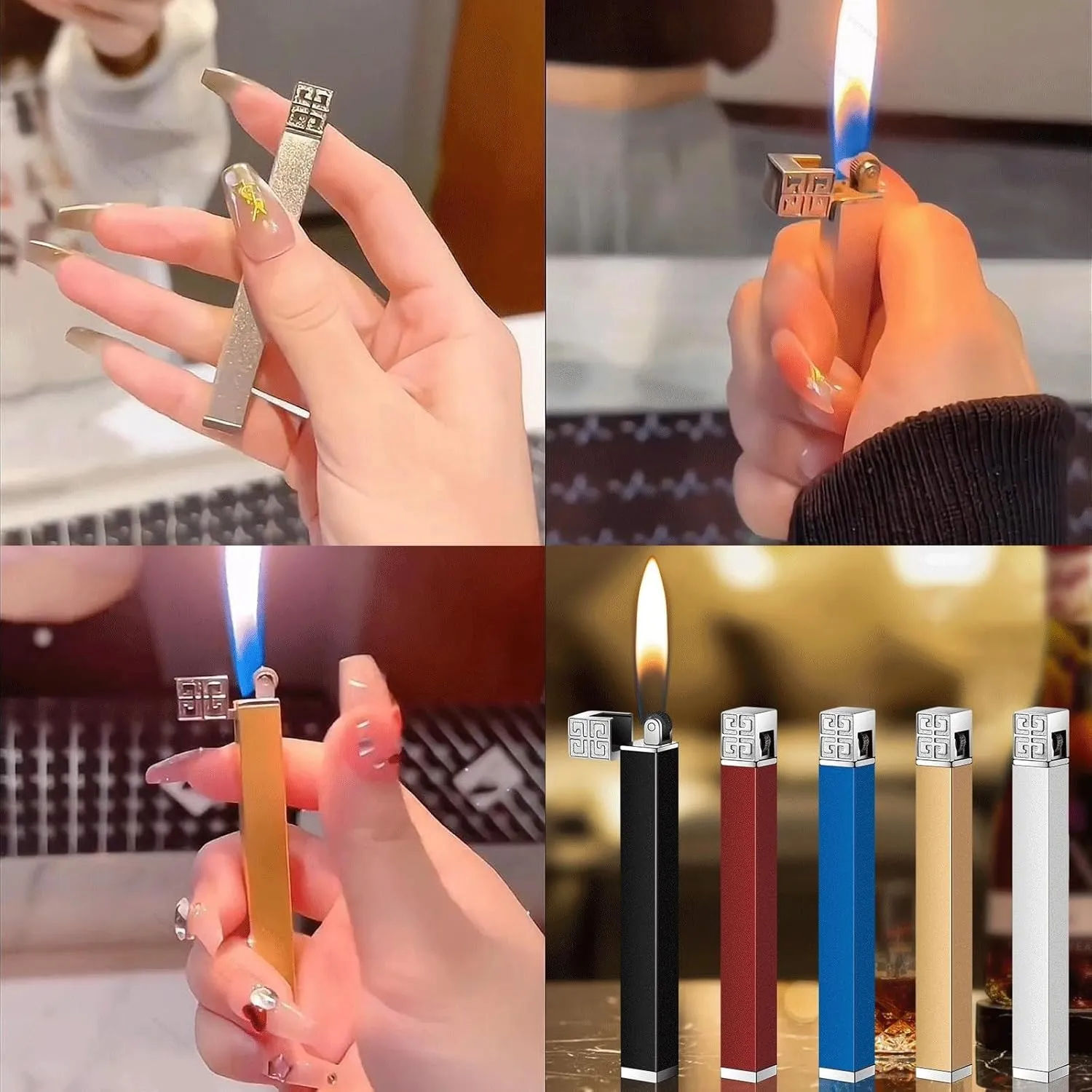 2pcs Soft Flame Cigar Lighter,Refillable Butane Lighter Wheel Flint Ignition Portable Slim Lighter Adjustable Flame,Birthday Gifts for Women Lady Wife (Without Gas) (Color : Gold Silver)