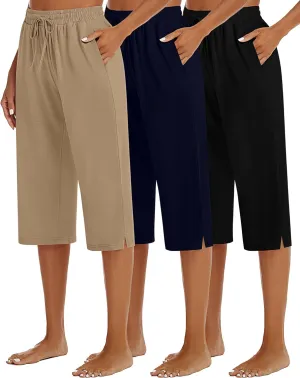 3 Pack Women's Capris Wide Leg Capri Pants Drawstring Pajama Sweatpants Women Lounge Pants with Pockets