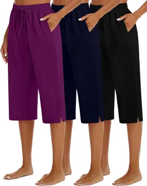 3 Pack Women's Capris Wide Leg Capri Pants Drawstring Pajama Sweatpants Women Lounge Pants with Pockets