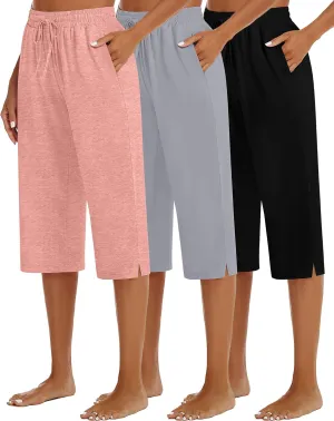3 Pack Women's Capris Wide Leg Capri Pants Drawstring Pajama Sweatpants Women Lounge Pants with Pockets