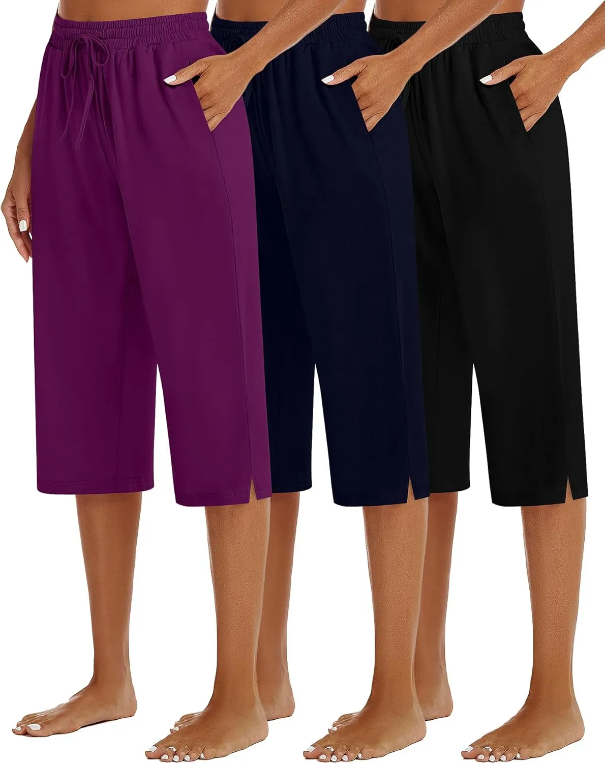 3 Pack Women's Capris Wide Leg Capri Pants Drawstring Pajama Sweatpants Women Lounge Pants with Pockets