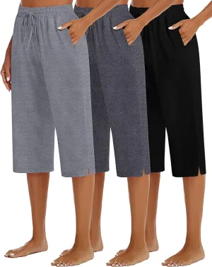 3 Pack Women's Capris Wide Leg Capri Pants Drawstring Pajama Sweatpants Women Lounge Pants with Pockets