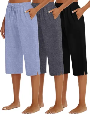 3 Pack Women's Capris Wide Leg Capri Pants Drawstring Pajama Sweatpants Women Lounge Pants with Pockets