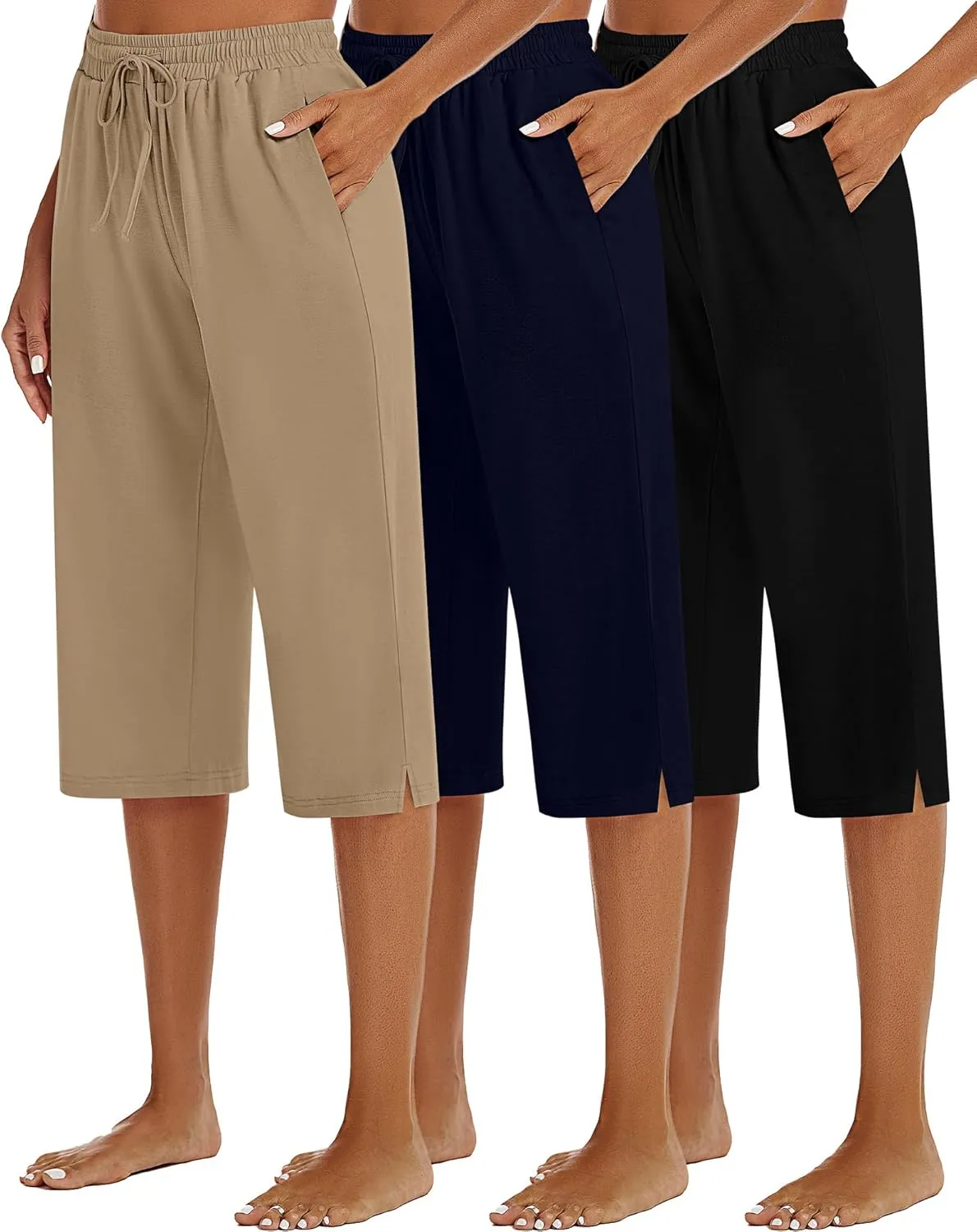3 Pack Women's Capris Wide Leg Capri Pants Drawstring Pajama Sweatpants Women Lounge Pants with Pockets
