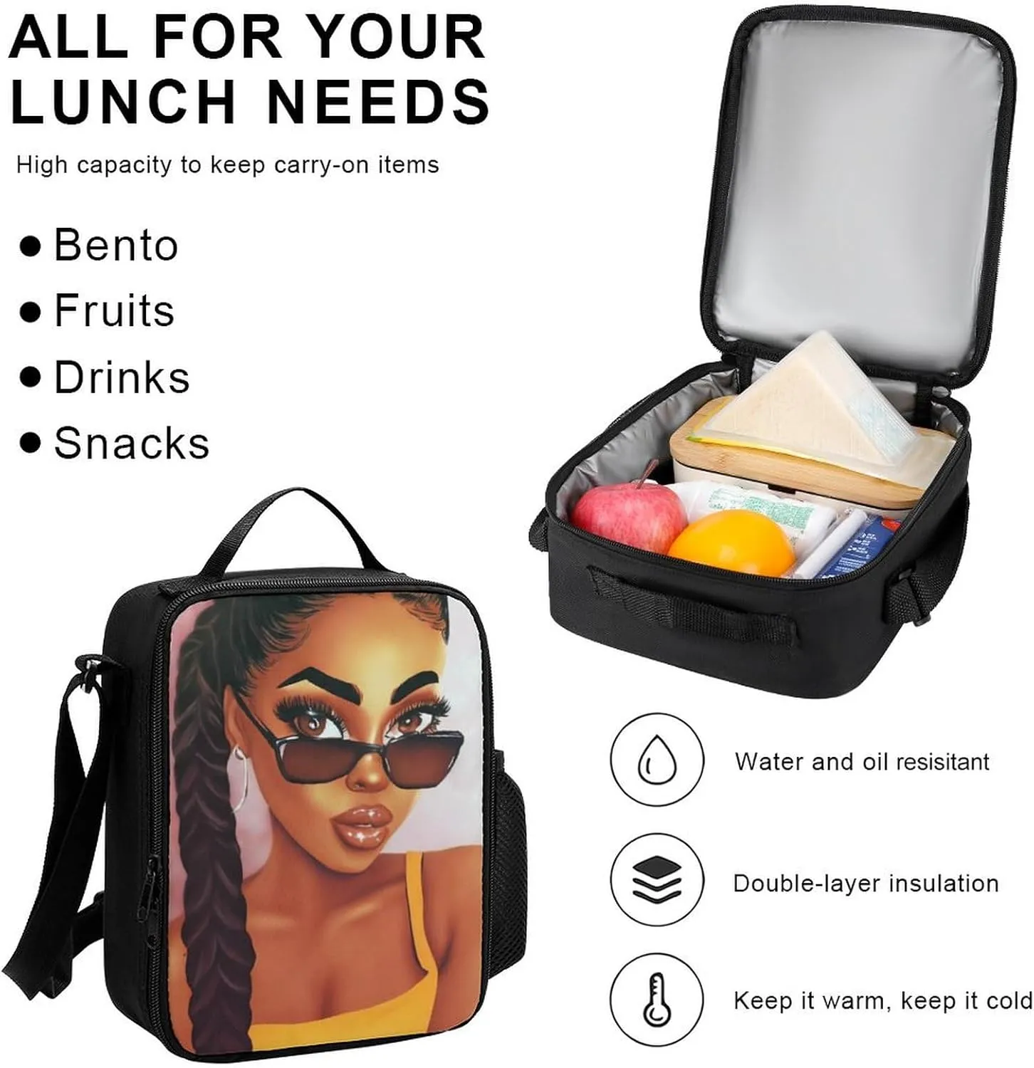 3 Piece College Daypack, Large Capacity Daypack for Gym Travel Running, Abstract Fashion Black Woman Art African American Women Art Travel Hiking Backpack for Adults   Lunch Bag   Pencil Bag