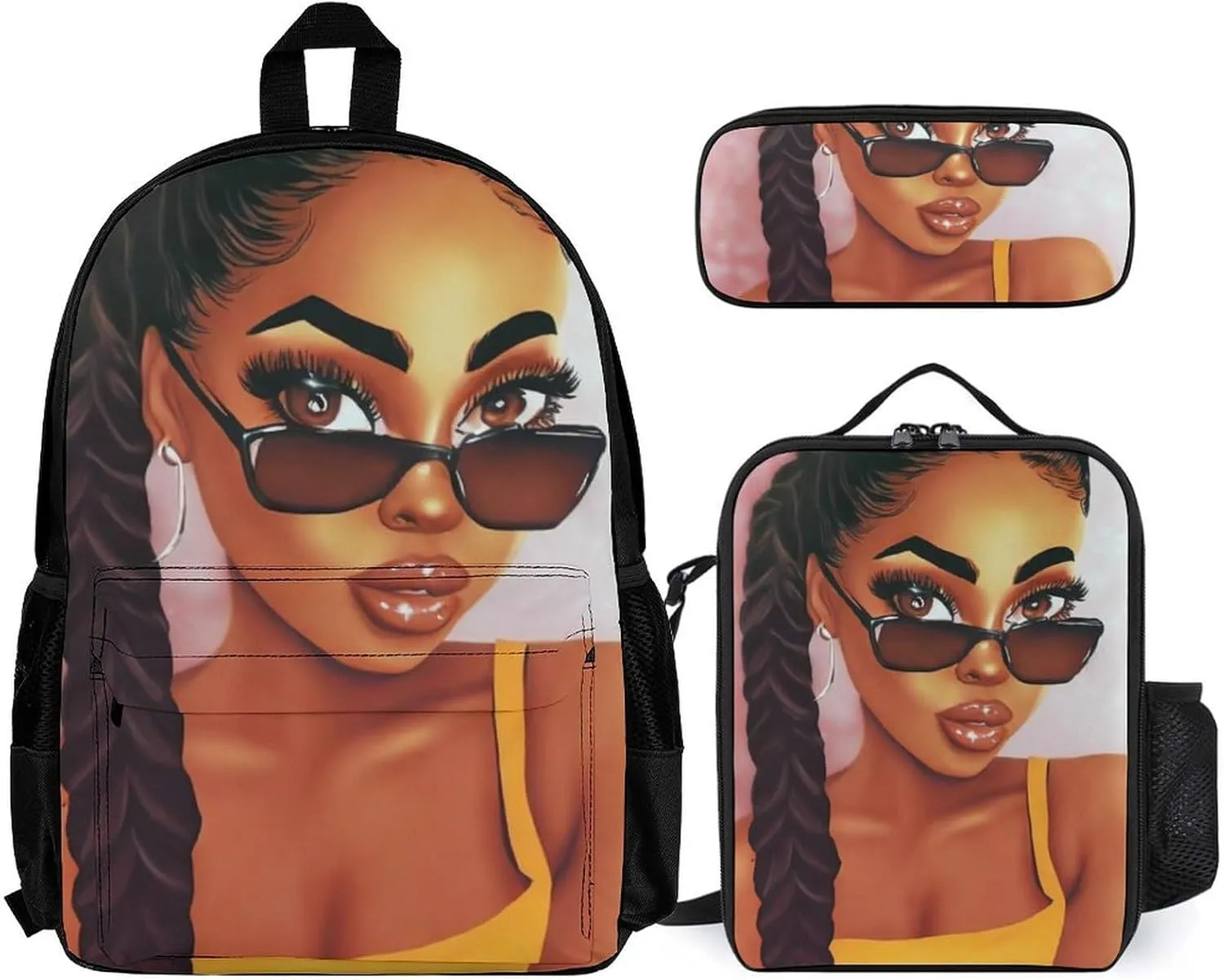 3 Piece College Daypack, Large Capacity Daypack for Gym Travel Running, Abstract Fashion Black Woman Art African American Women Art Travel Hiking Backpack for Adults   Lunch Bag   Pencil Bag