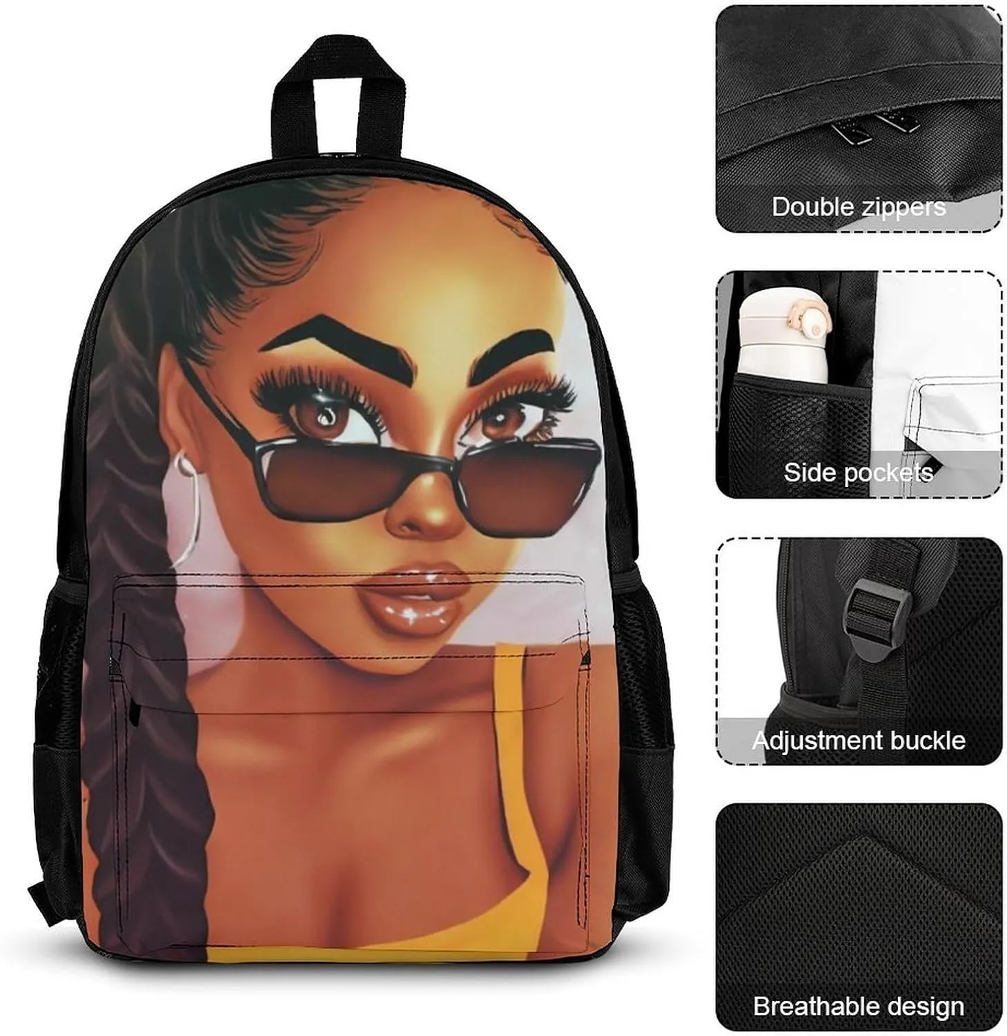 3 Piece College Daypack, Large Capacity Daypack for Gym Travel Running, Abstract Fashion Black Woman Art African American Women Art Travel Hiking Backpack for Adults   Lunch Bag   Pencil Bag