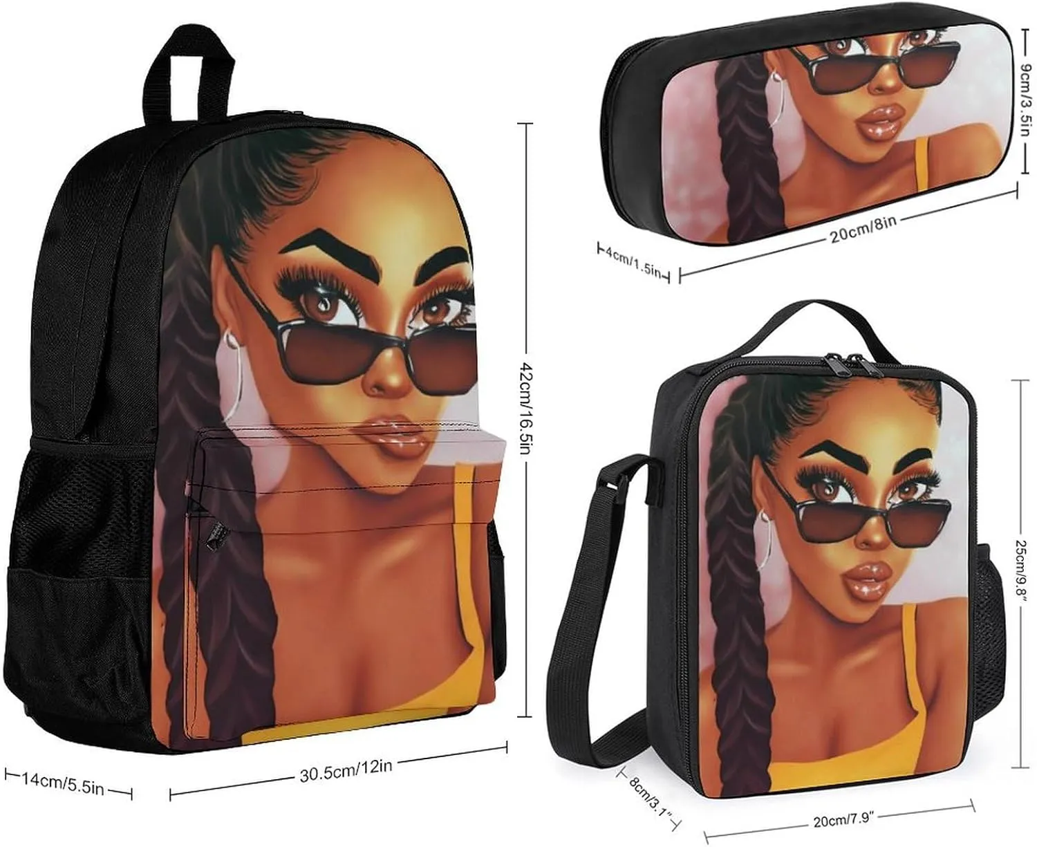 3 Piece College Daypack, Large Capacity Daypack for Gym Travel Running, Abstract Fashion Black Woman Art African American Women Art Travel Hiking Backpack for Adults   Lunch Bag   Pencil Bag