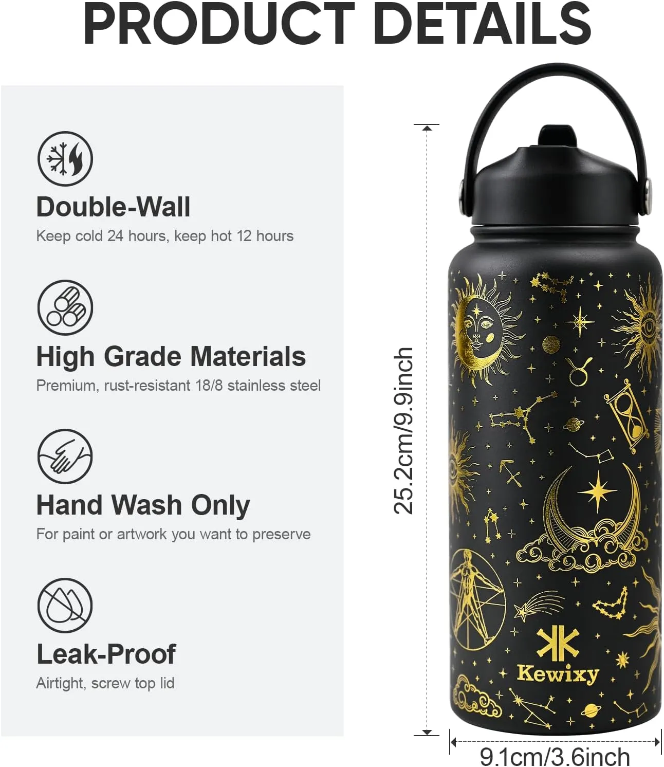 32 oz Insulated Water Bottle with Straw, Golden Sparkle, Leak Proof, Stainless Steel with Flip Straw and Handle, Metal, Reusable, Wide Mouth, for Travel, Gym and School (Golden Tarot)