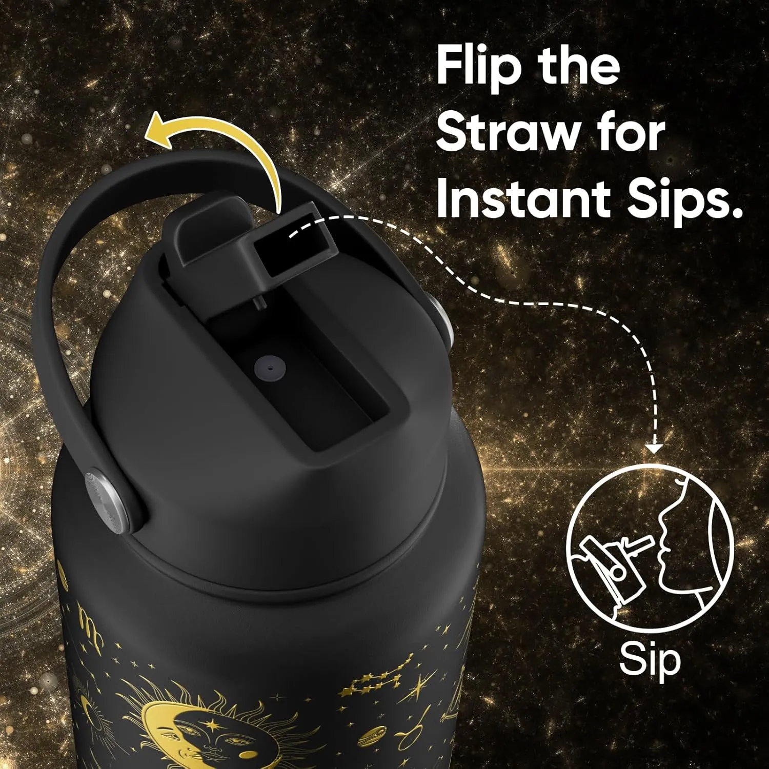 32 oz Insulated Water Bottle with Straw, Golden Sparkle, Leak Proof, Stainless Steel with Flip Straw and Handle, Metal, Reusable, Wide Mouth, for Travel, Gym and School (Golden Tarot)