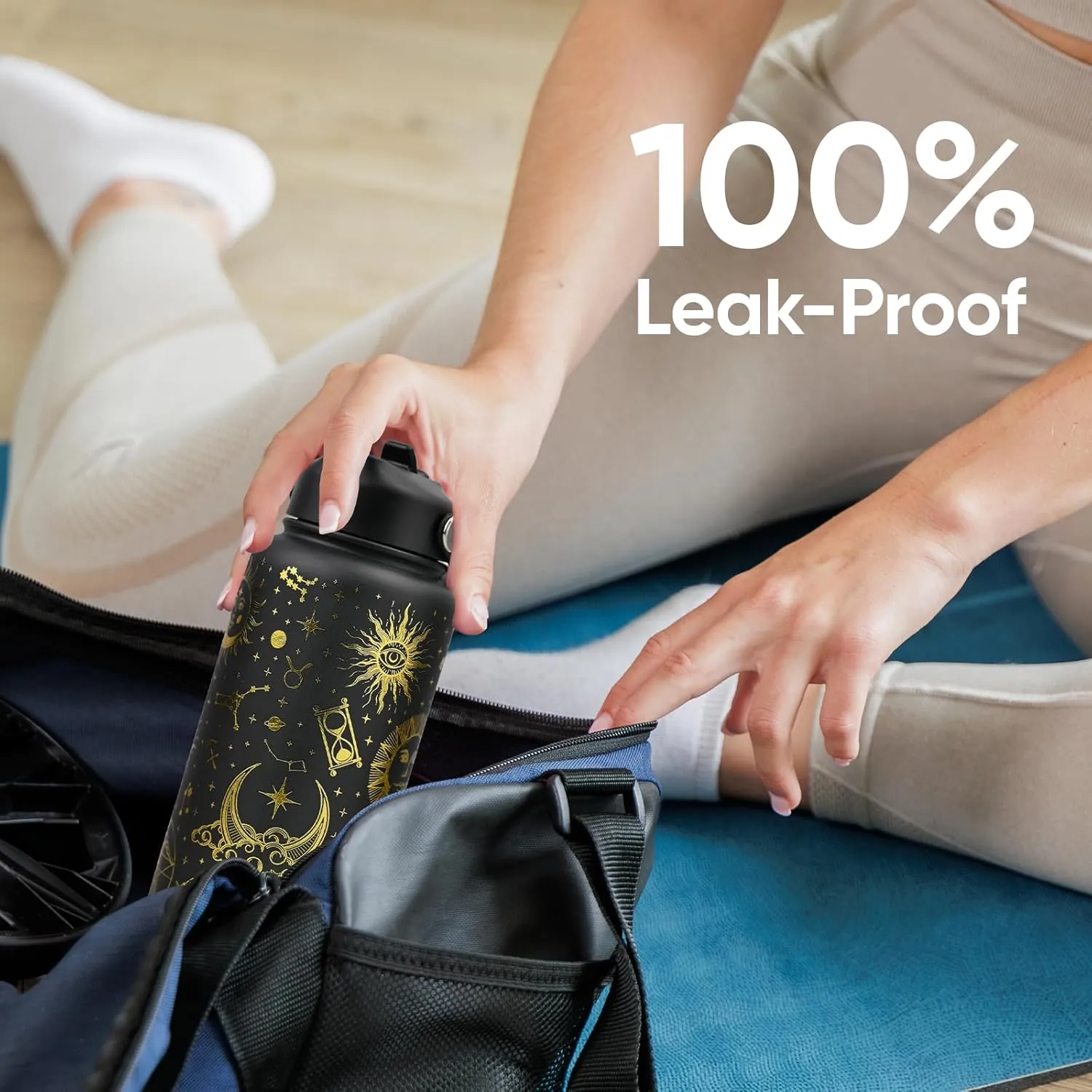 32 oz Insulated Water Bottle with Straw, Golden Sparkle, Leak Proof, Stainless Steel with Flip Straw and Handle, Metal, Reusable, Wide Mouth, for Travel, Gym and School (Golden Tarot)