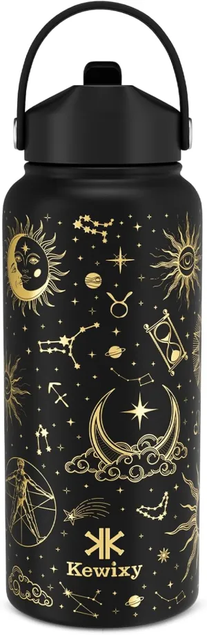 32 oz Insulated Water Bottle with Straw, Golden Sparkle, Leak Proof, Stainless Steel with Flip Straw and Handle, Metal, Reusable, Wide Mouth, for Travel, Gym and School (Golden Tarot)