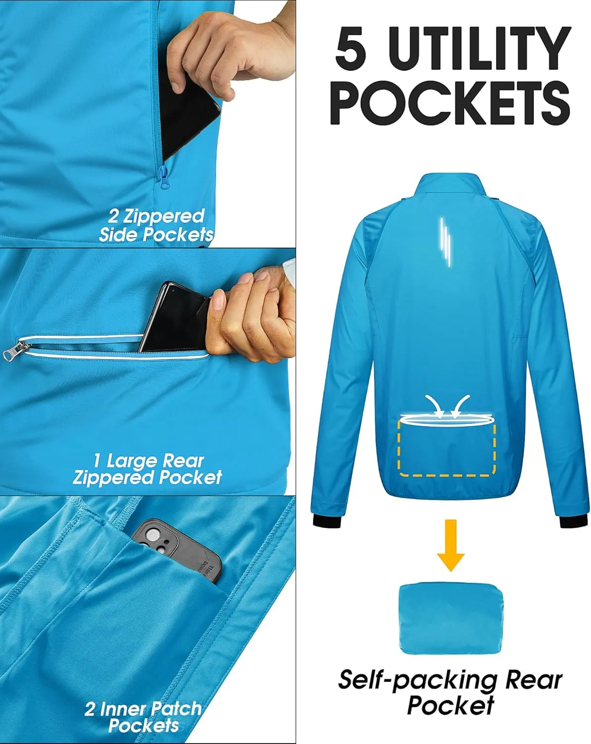 33,000ft Men's Cycling Jacket Long Sleeve, Waterproof Running Bike Vest Outerwear Reflective Windproof Sleeveless Jacket