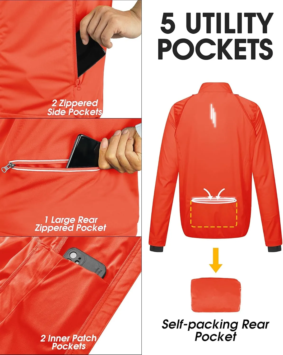 33,000ft Men's Cycling Jacket Long Sleeve, Waterproof Running Bike Vest Outerwear Reflective Windproof Sleeveless Jacket