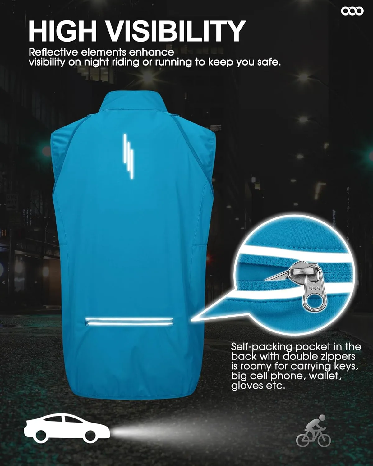 33,000ft Men's Cycling Jacket Long Sleeve, Waterproof Running Bike Vest Outerwear Reflective Windproof Sleeveless Jacket