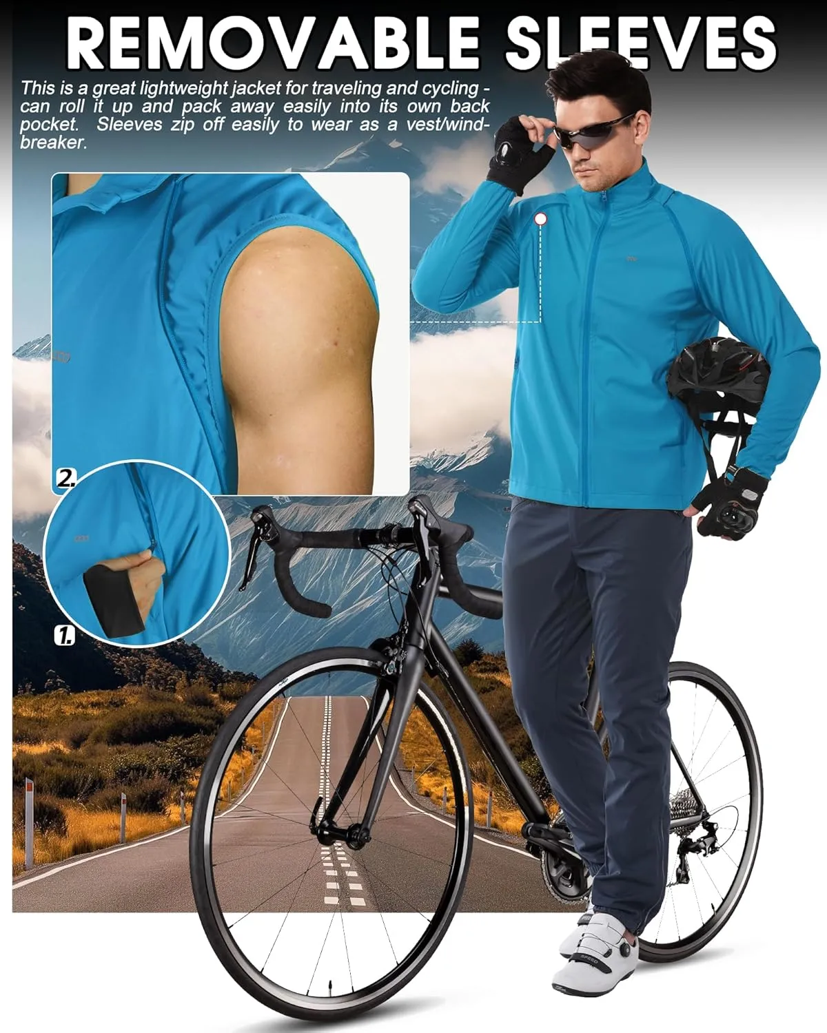 33,000ft Men's Cycling Jacket Long Sleeve, Waterproof Running Bike Vest Outerwear Reflective Windproof Sleeveless Jacket