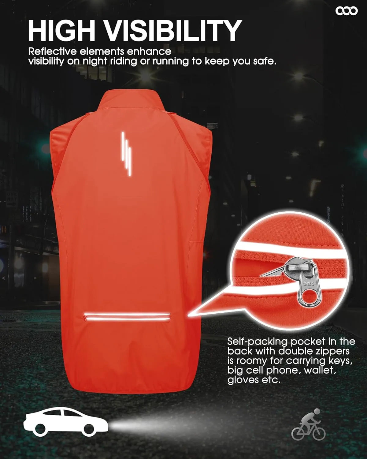 33,000ft Men's Cycling Jacket Long Sleeve, Waterproof Running Bike Vest Outerwear Reflective Windproof Sleeveless Jacket