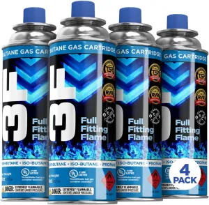 3F Butane Fuel Canister, 8oz, 4 Pack, For Camping Stoves and Torch Heads Compatible with 8oz Canisters, Triple Seamed RVR (TSR/RVR), Refined and Pure
