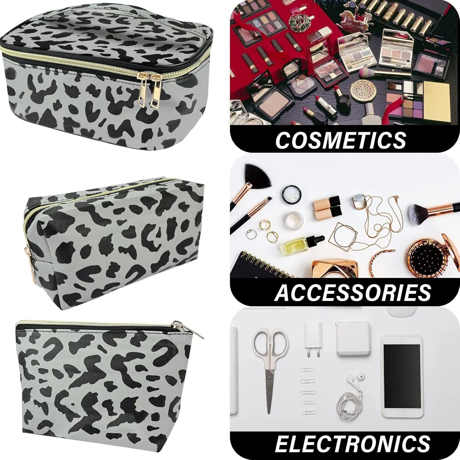 3Pcs Makeup Bag,Travel Makeup Bag,Makeup Bags for Women,Makeup Brush Bag,Large Capacity PU Cosmetic Bag,Waterproof and Durable-Gray Leopard Cheetah Pattern