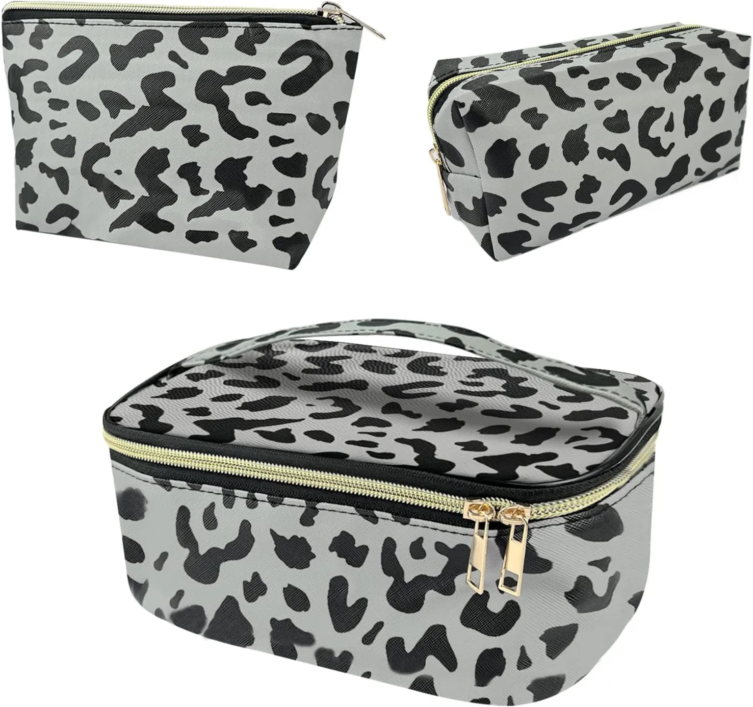 3Pcs Makeup Bag,Travel Makeup Bag,Makeup Bags for Women,Makeup Brush Bag,Large Capacity PU Cosmetic Bag,Waterproof and Durable-Gray Leopard Cheetah Pattern