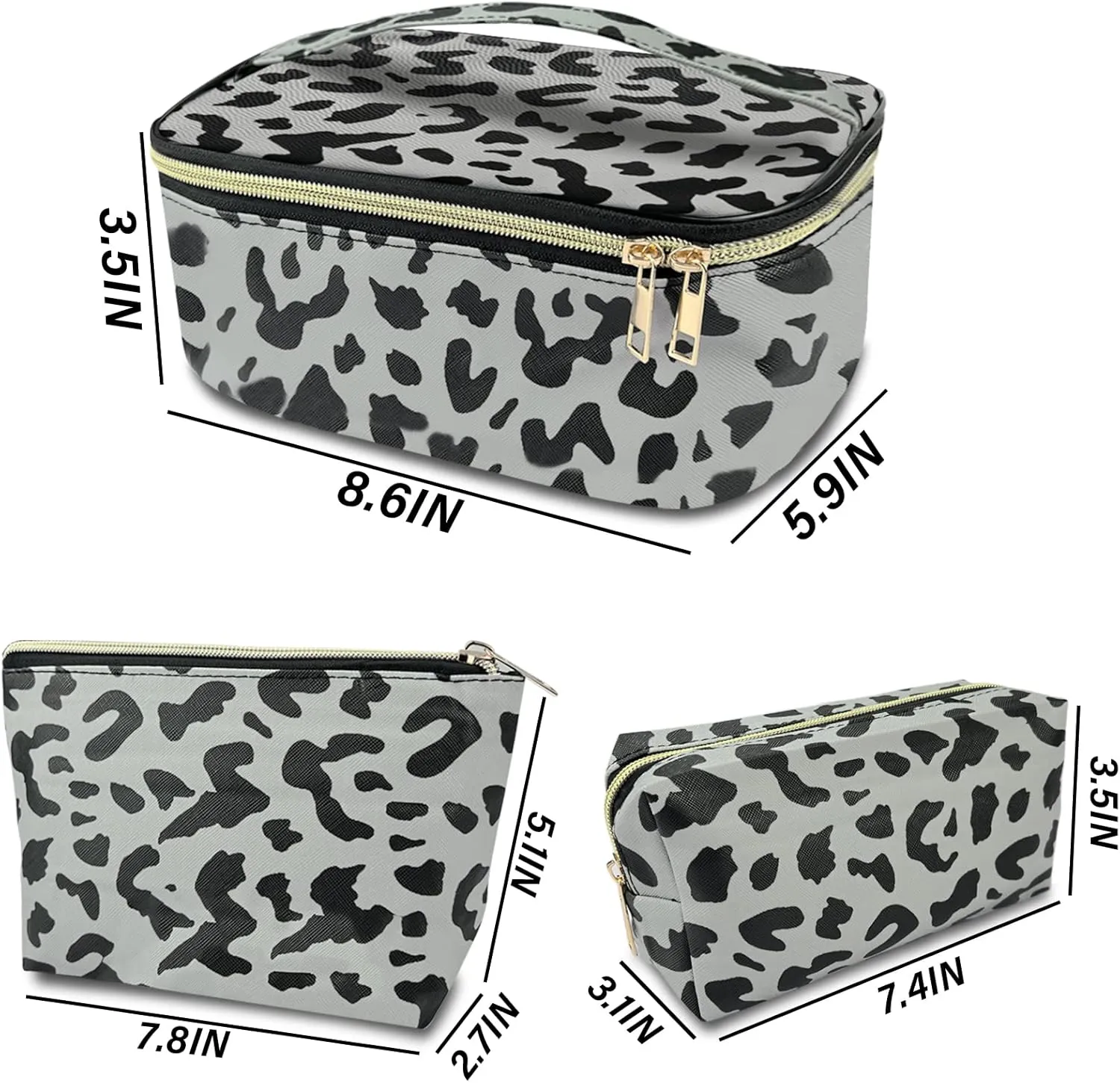 3Pcs Makeup Bag,Travel Makeup Bag,Makeup Bags for Women,Makeup Brush Bag,Large Capacity PU Cosmetic Bag,Waterproof and Durable-Gray Leopard Cheetah Pattern