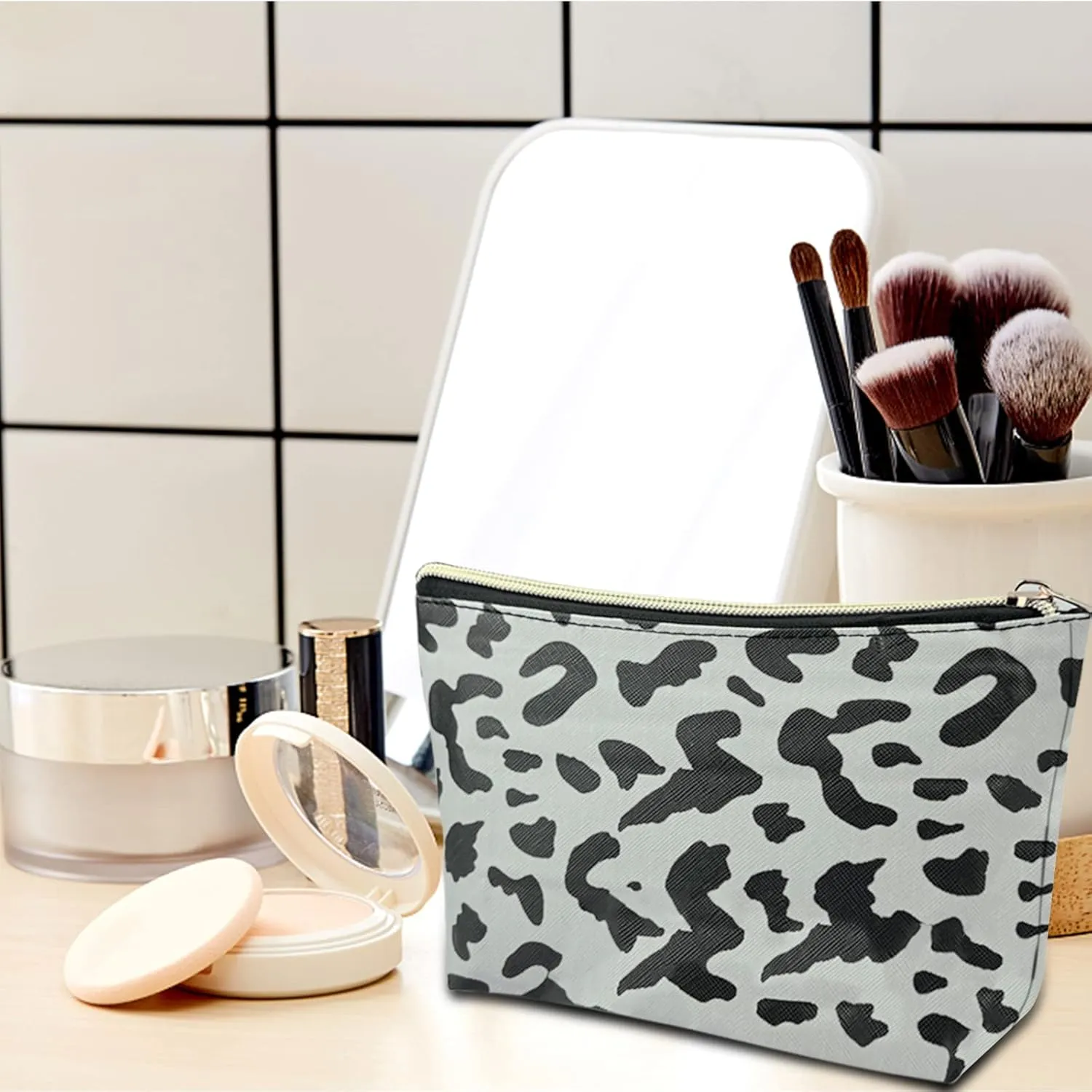 3Pcs Makeup Bag,Travel Makeup Bag,Makeup Bags for Women,Makeup Brush Bag,Large Capacity PU Cosmetic Bag,Waterproof and Durable-Gray Leopard Cheetah Pattern
