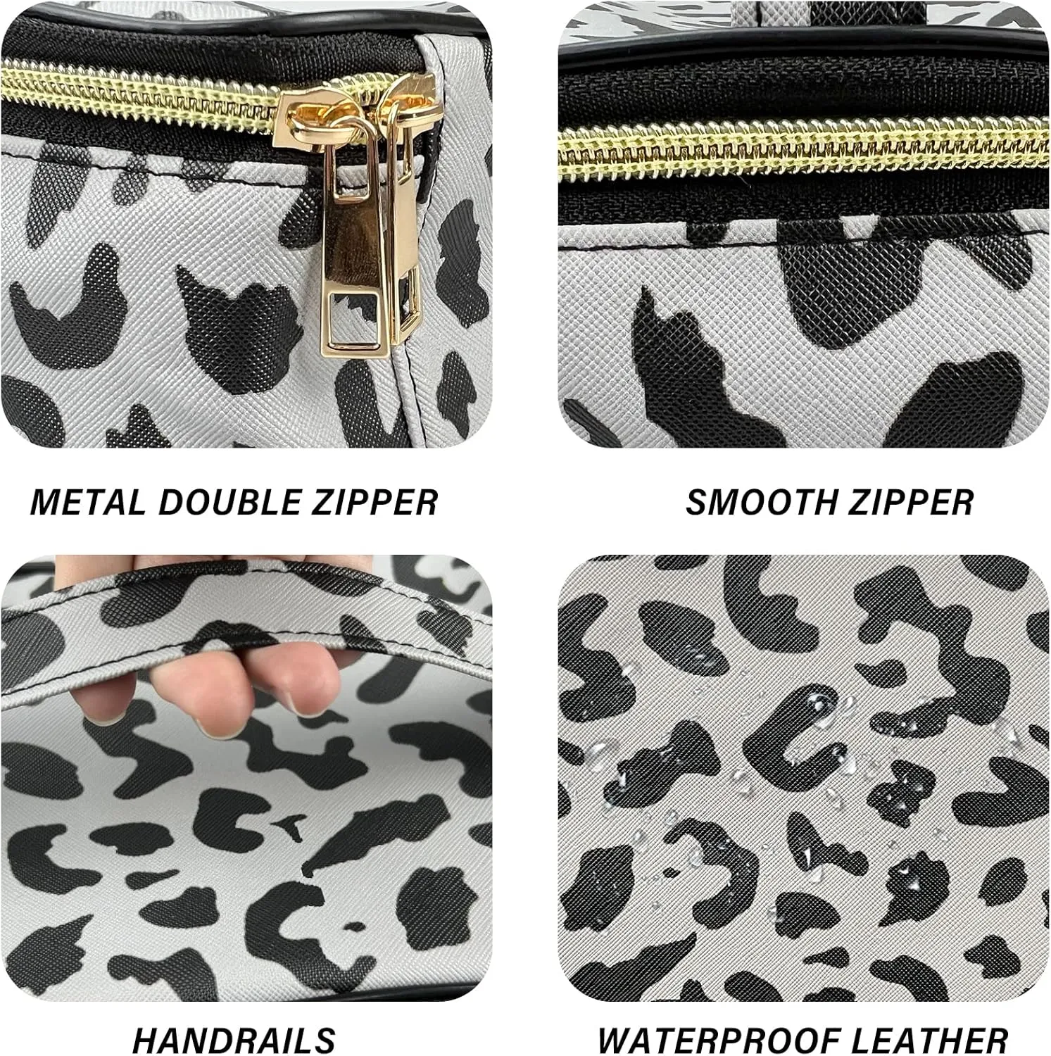 3Pcs Makeup Bag,Travel Makeup Bag,Makeup Bags for Women,Makeup Brush Bag,Large Capacity PU Cosmetic Bag,Waterproof and Durable-Gray Leopard Cheetah Pattern