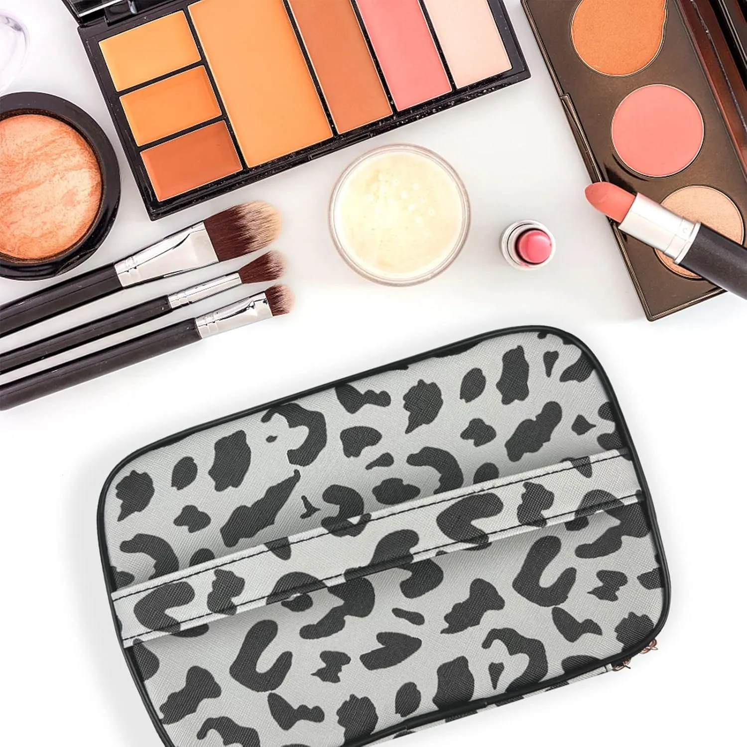 3Pcs Makeup Bag,Travel Makeup Bag,Makeup Bags for Women,Makeup Brush Bag,Large Capacity PU Cosmetic Bag,Waterproof and Durable-Gray Leopard Cheetah Pattern