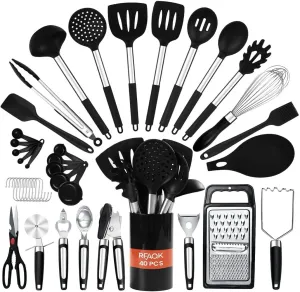 40PCs Silicone Cooking Utensils Set 446℉ Heat Resistance, RFAQK BPA Free Kitchen Utensils Set for Nonstick Cookware, Gadgets includes Can Opener, Potato Smasher,Peeler,Tongs,Spatula Set,Pizza Cutter