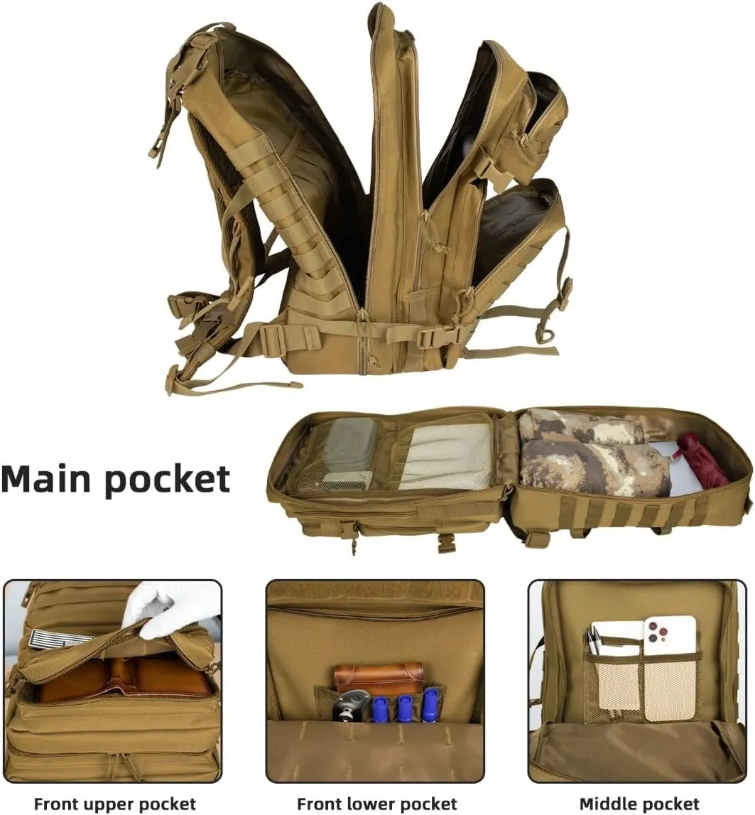45L Large Tactical Backpack Molle System Durable Oxford Hiking Camping Backpack Air Cushion Belt Unisex Daypack (B090-KHAKI)