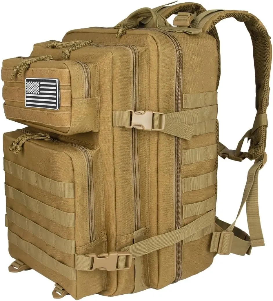45L Large Tactical Backpack Molle System Durable Oxford Hiking Camping Backpack Air Cushion Belt Unisex Daypack (B090-KHAKI)