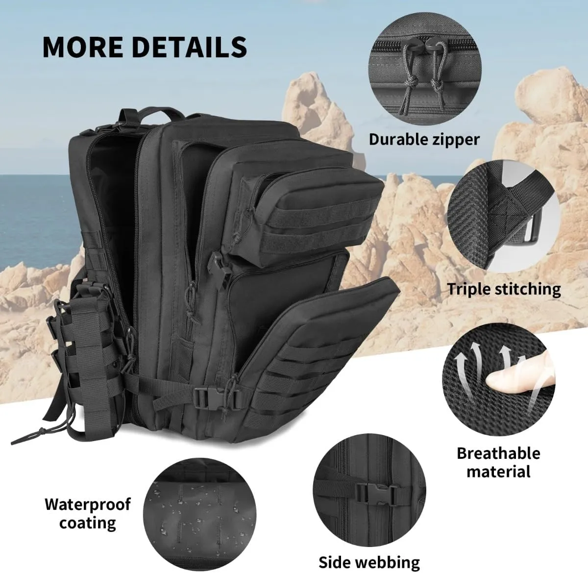 45L Large Tactical Backpack Molle System Durable Oxford Hiking Camping Backpack Air Cushion Belt Unisex Daypack (B090-KHAKI)