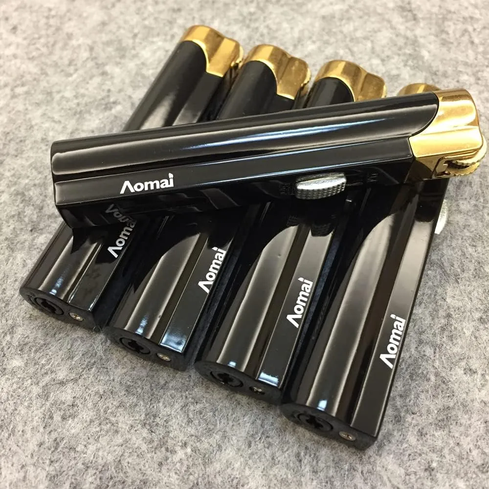5 Pack Butane Refillable Torch Lighter Portable Metal Lighter with Fuel Visible Tank Lockable Flame No Gas(Black)