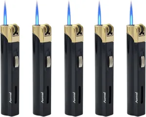 5 Pack Butane Refillable Torch Lighter Portable Metal Lighter with Fuel Visible Tank Lockable Flame No Gas(Black)