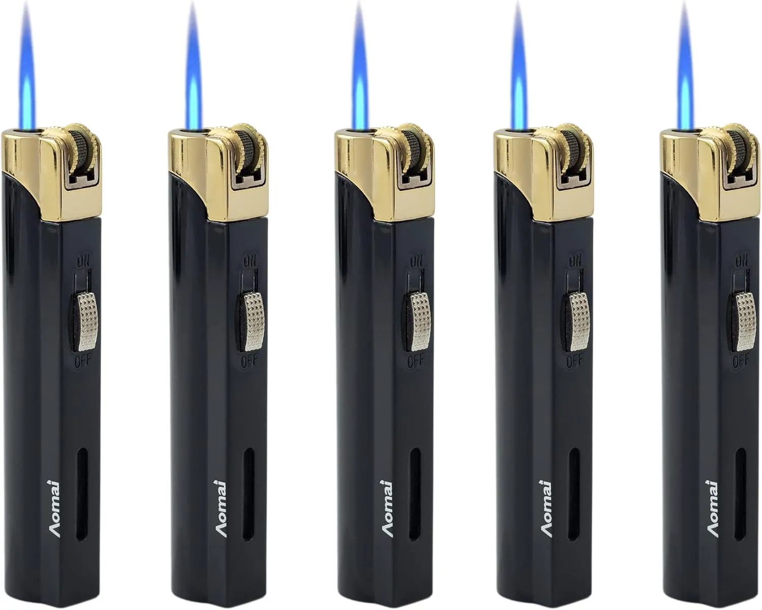 5 Pack Butane Refillable Torch Lighter Portable Metal Lighter with Fuel Visible Tank Lockable Flame No Gas(Black)