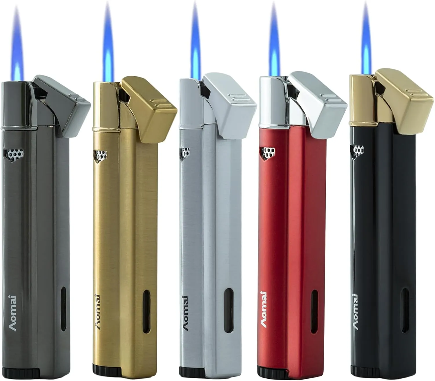 5 Pack Butane Torch Lighter Fuel Refillable Gas Window Viewable Portable Single Jet Flame Adjustable 5 Flag Color (No Gas)