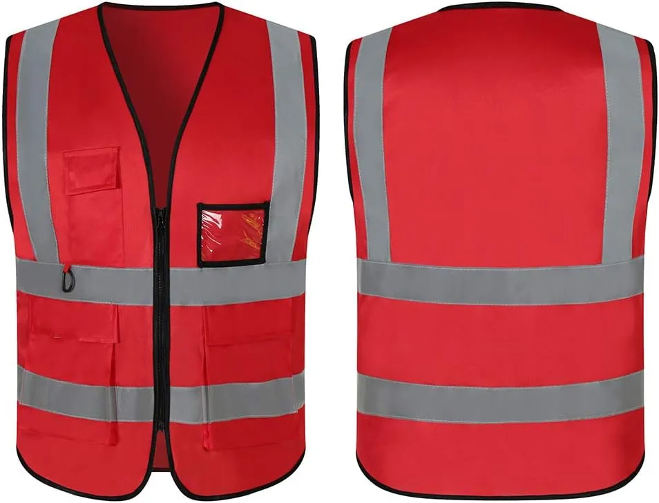 5 Pack Reflective Safety Vest for Women, Men High Visibility Reflective Vest with 5 Pockets Neon Red