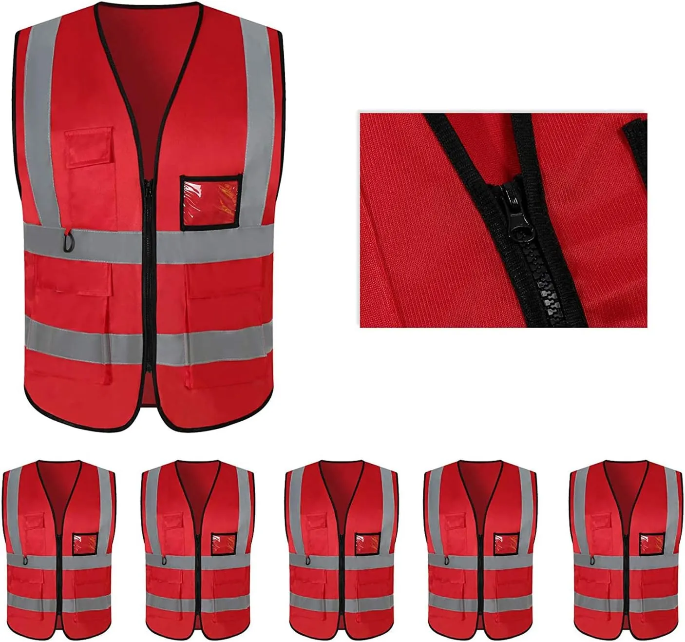 5 Pack Reflective Safety Vest for Women, Men High Visibility Reflective Vest with 5 Pockets Neon Red