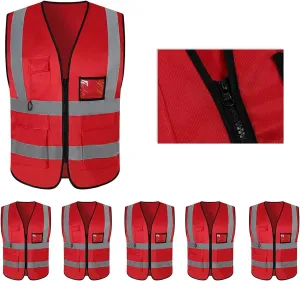 5 Pack Reflective Safety Vest for Women, Men High Visibility Reflective Vest with 5 Pockets Neon Red