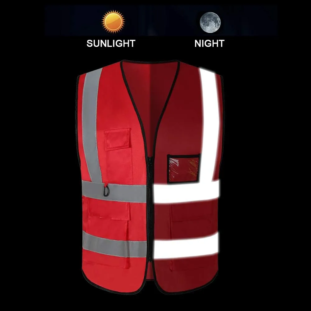 5 Pack Reflective Safety Vest for Women, Men High Visibility Reflective Vest with 5 Pockets Neon Red