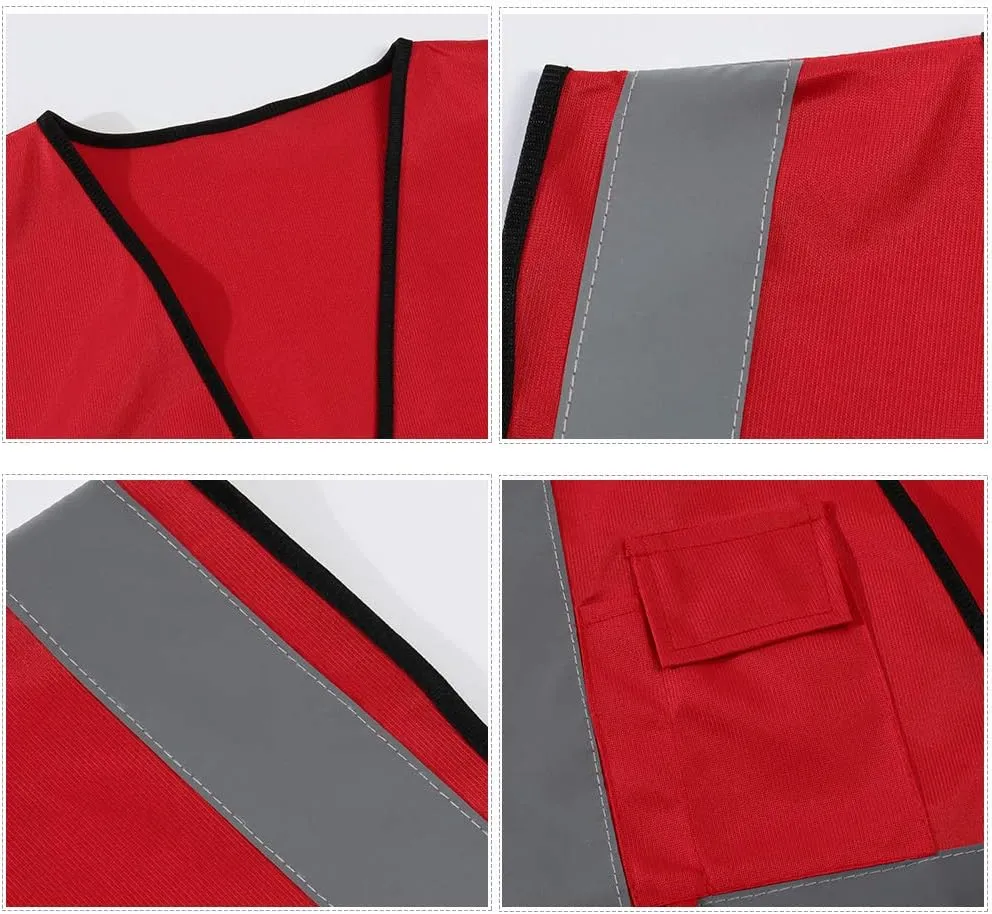5 Pack Reflective Safety Vest for Women, Men High Visibility Reflective Vest with 5 Pockets Neon Red