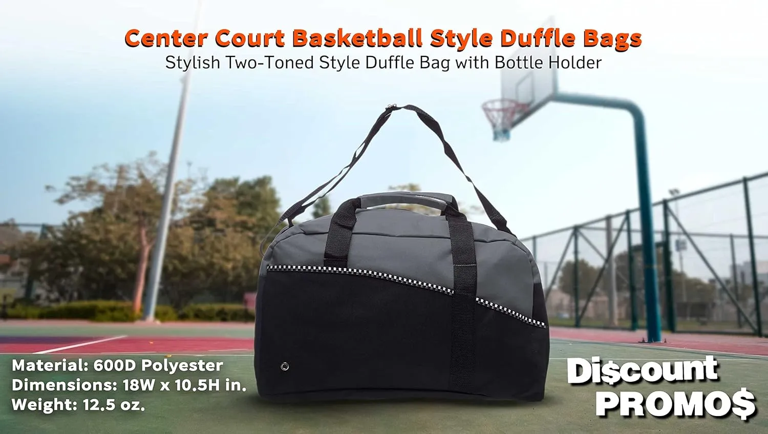 6 Center Court Duffel Bags Set - Polyester, Zippered, Front Pocket, Adjustable Strap - Grey