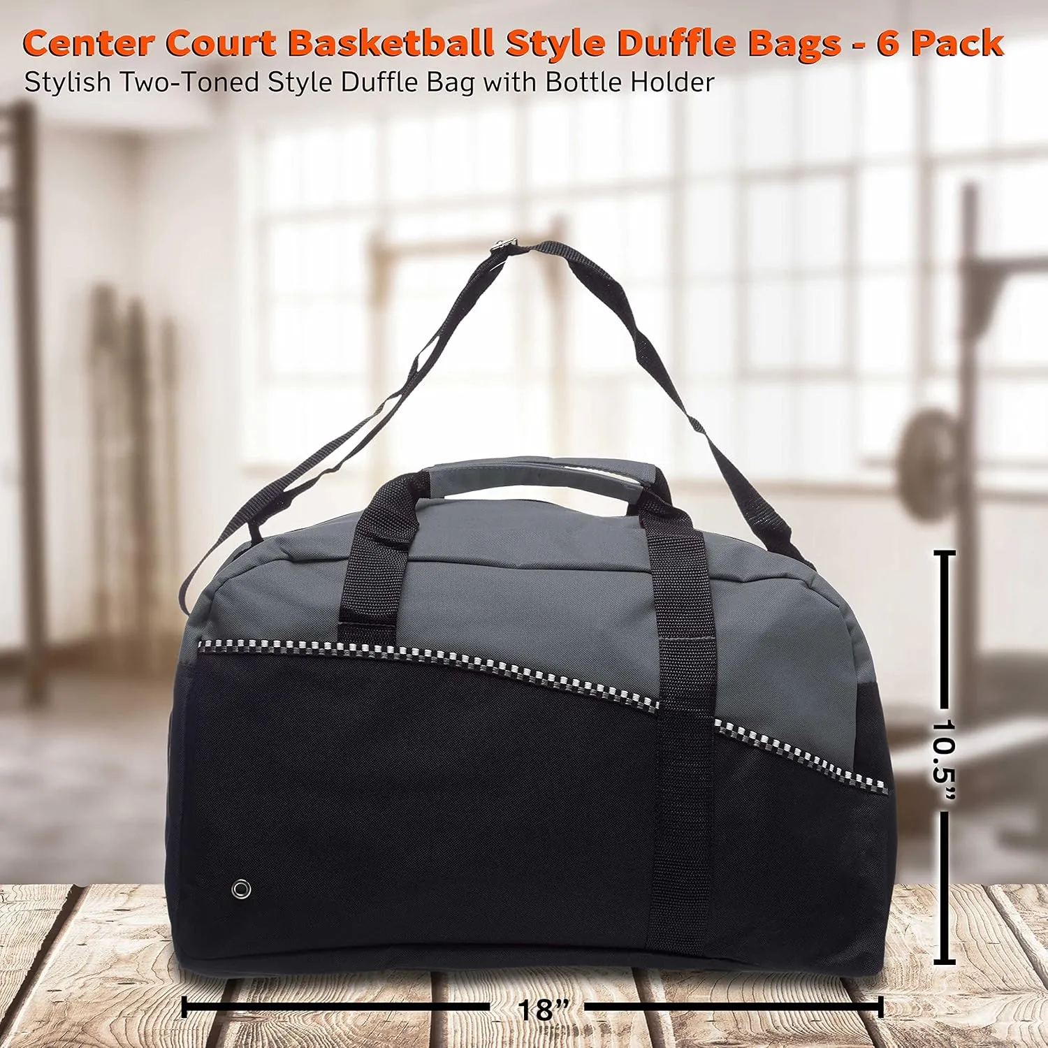 6 Center Court Duffel Bags Set - Polyester, Zippered, Front Pocket, Adjustable Strap - Grey