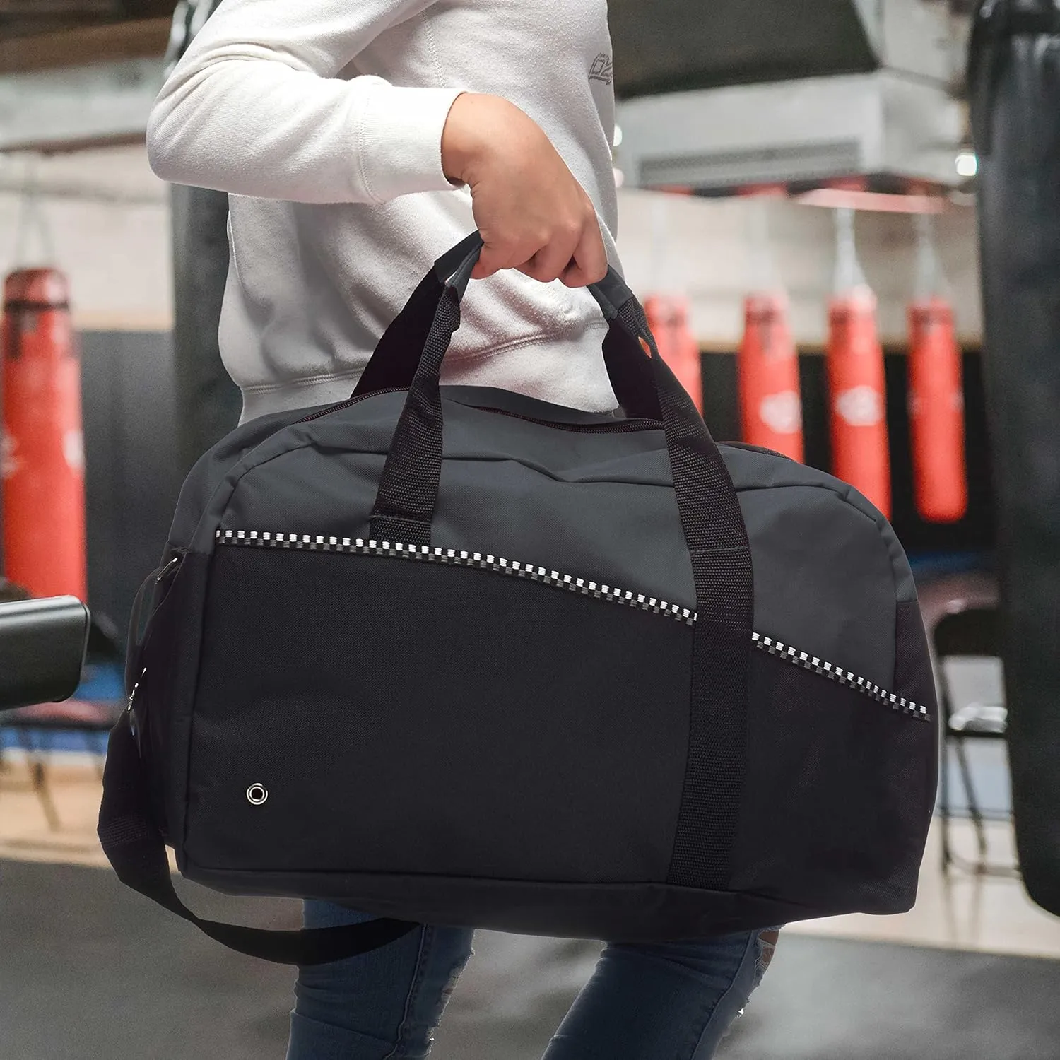 6 Center Court Duffel Bags Set - Polyester, Zippered, Front Pocket, Adjustable Strap - Grey