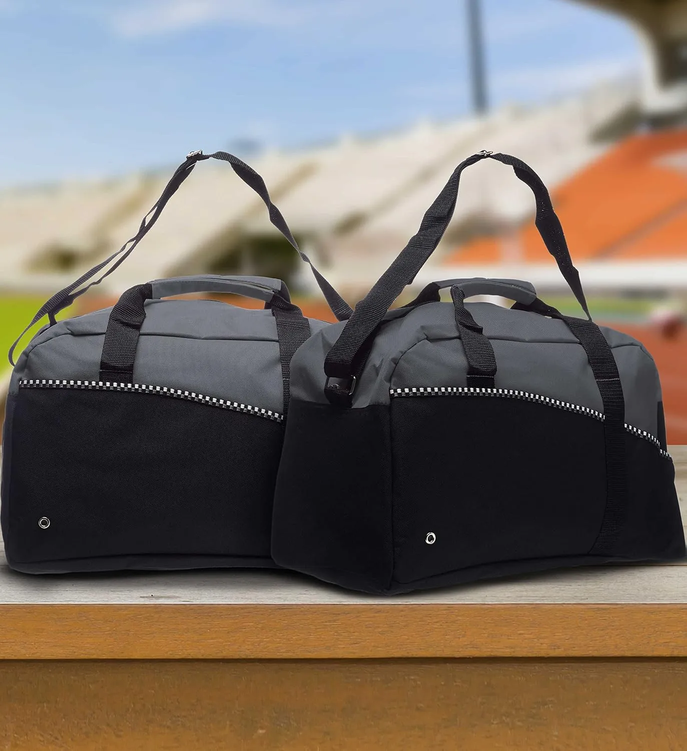6 Center Court Duffel Bags Set - Polyester, Zippered, Front Pocket, Adjustable Strap - Grey