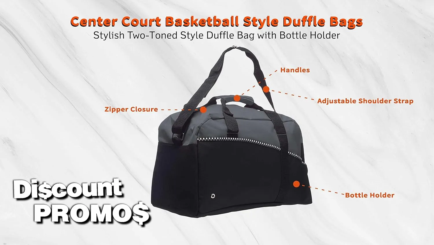 6 Center Court Duffel Bags Set - Polyester, Zippered, Front Pocket, Adjustable Strap - Grey