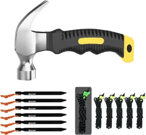 6 Pack Aluminum Tent Stakes，6 Pack High-Reflective Guy Lines 4mm Tent Cords High-Strength Lightweight Camp Ropes with Glow in The Dark Adjuster Tensioner for Tent, Small Claw Hammer