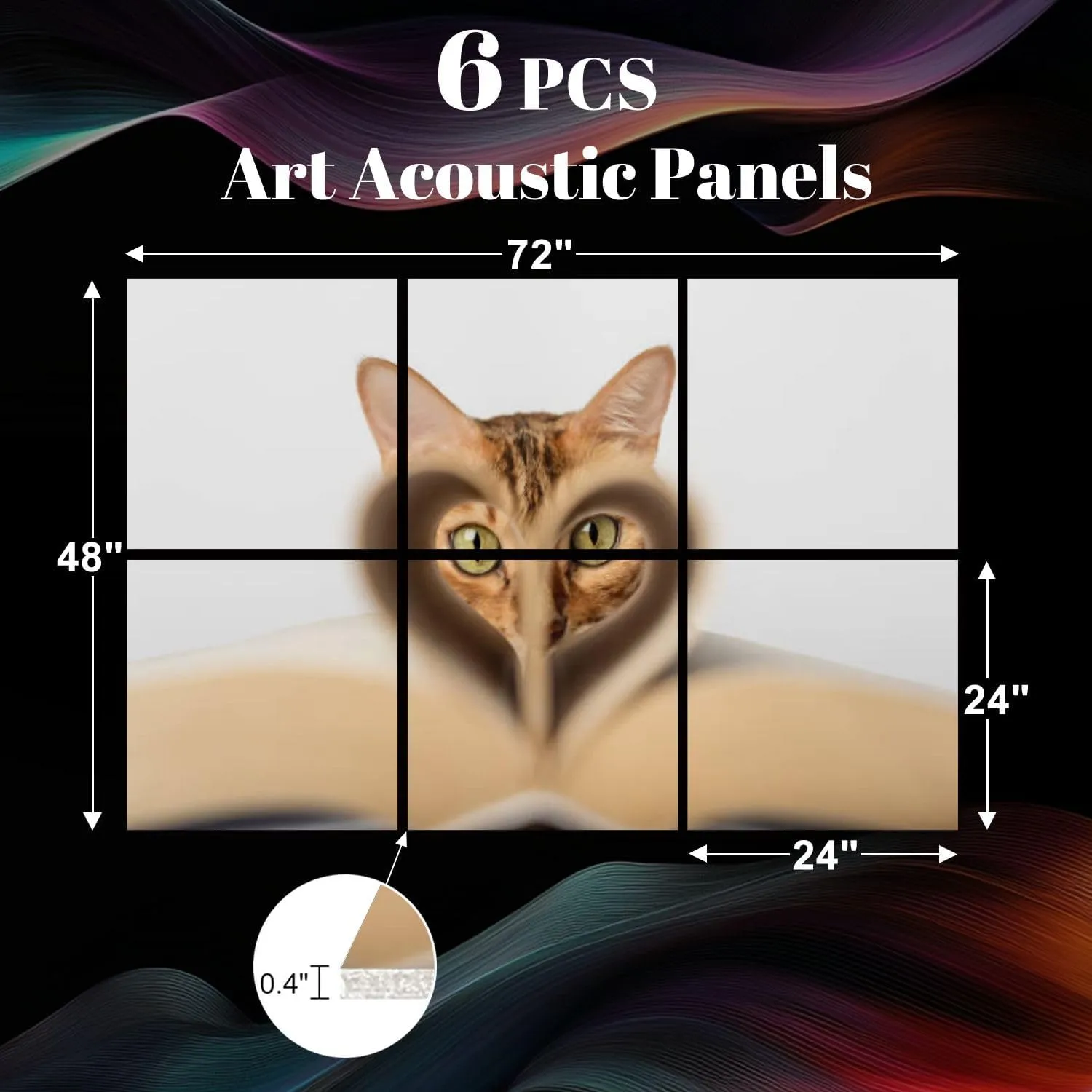 6 Pack Art Acoustic Panels Bengal Cat An Open Book White Selective Focus Sound Absorbing Panel 48"x72" Soundproof Wall Panels Acoustic Wall Art for Studios, Office, Theaters