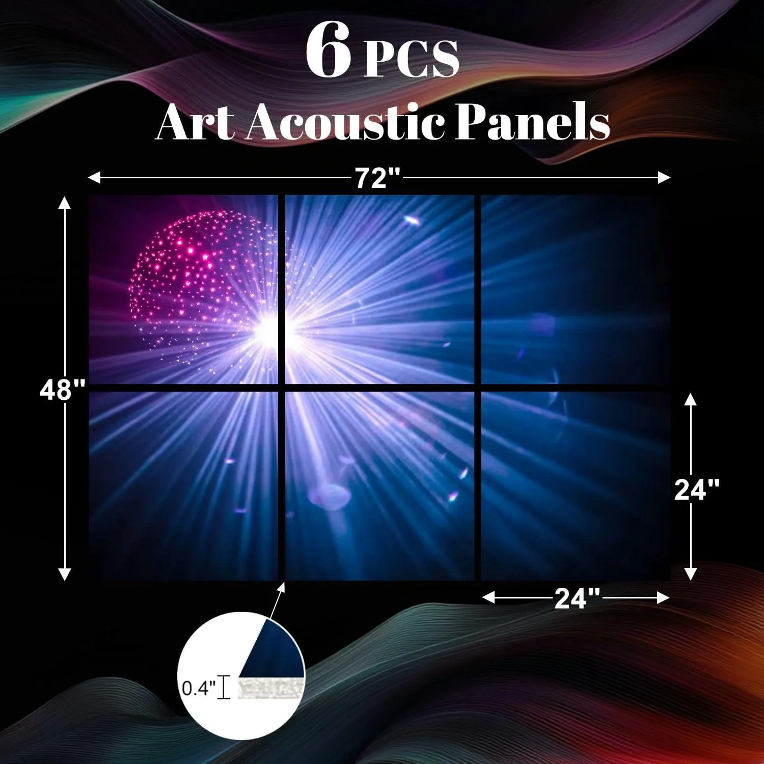 6 Pack Art Acoustic Panels Giant disco shining light from Sound Absorbing Panel 48"x72" Soundproof Wall Panels Acoustic Wall Art for Studios, Office, Theaters